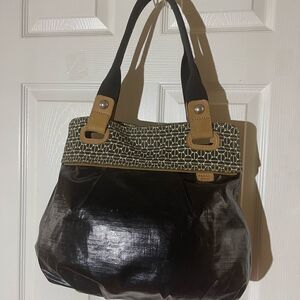 Fossil Key-Per Coated canvas black tan leather trim medium Shoulder .